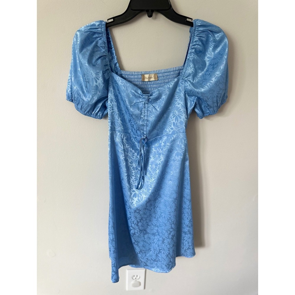 Altar'd State Blue Floral Jacquard Puff Sleeve Cutout Back Mini Dress Small - Picture 5 of 9